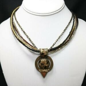 Chico’s Multi Strand Seed Bead Necklace Enamel Rhinestone Pendant Bronze Tone